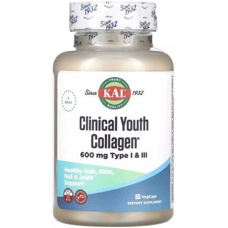 Коллаген молодости, 600 мг, Clinical Youth Collagen, Type I&III, KAL, 60 вегетарианских капсул