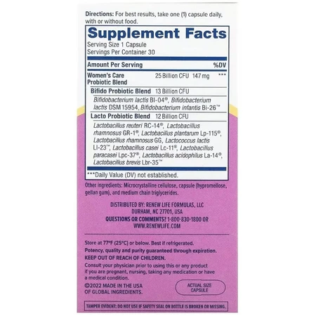 Пробиотик для женщин, 25 млрд КОЕ, Ultimate Flora, Women's Care Probiotic, Renew Life, 30 вегетарианских капсул: цены и характеристики