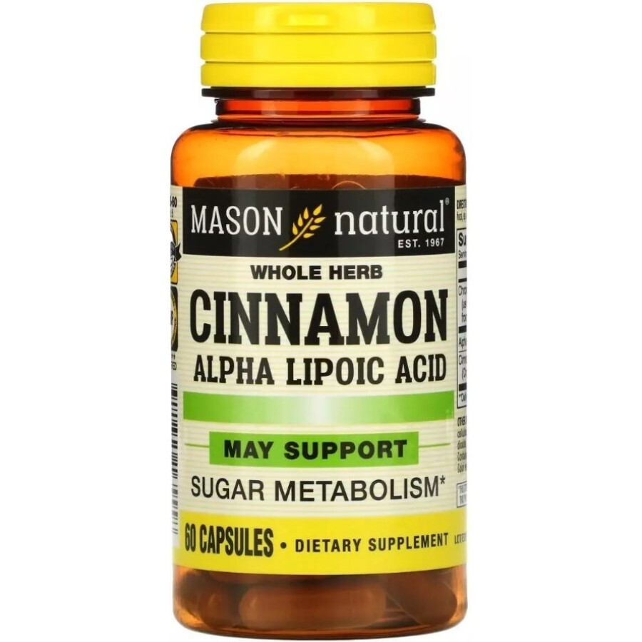 Кориця з альфа-ліпоєвою кислотою, Cinnamon Alpha Lipoic Acid, Mason Natural, 60 капсул: ціни та характеристики