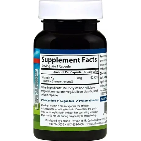Витамин К2 (MK-4 Менатетренон), Carlson, Vitamin K2 Menatetrenone, 5 мг, 60 капсул: цены и характеристики