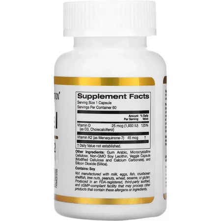 Ліпосомальний Вітамін D3+K2, 1000 МО та 45 мкг, Liposomal Vitamin D3+K2, California Gold Nutrition, 60 вегетаріанських капсул: ціни та характеристики