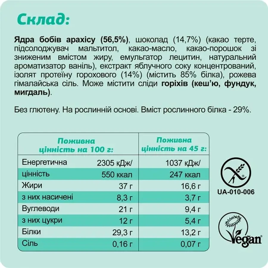 Протеиновый батончик без глютена FIZI Peanut + cacao 29% 45 г х 10 шт: цены и характеристики