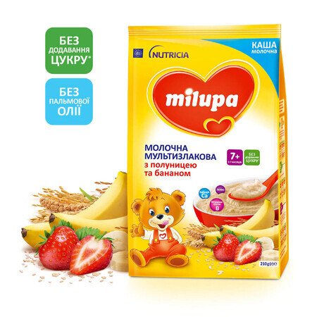 Каша молочна дитяча Нутриція Milupa Мультизлакова з полуницею та бананом з 7 місяців м'яка упаковка, 210 г