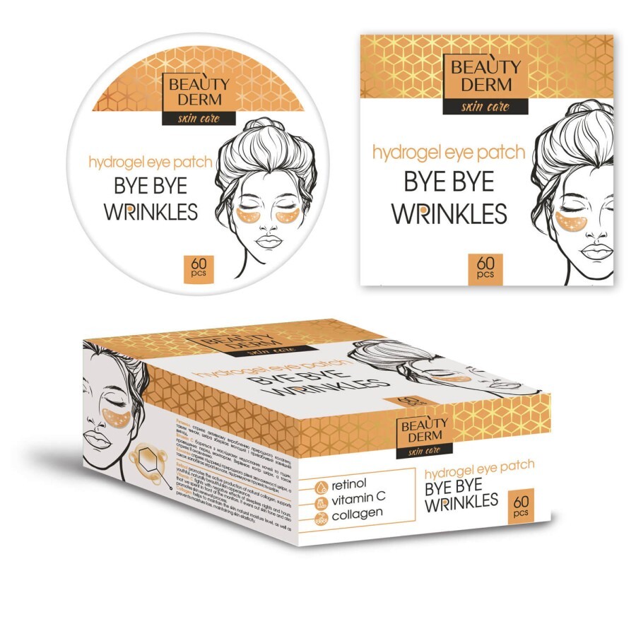 Патчі для шкіри навколо очей Beauty Derm золоті гідрогелеві Bye Bye wrinkles, 60 шт: ціни та характеристики