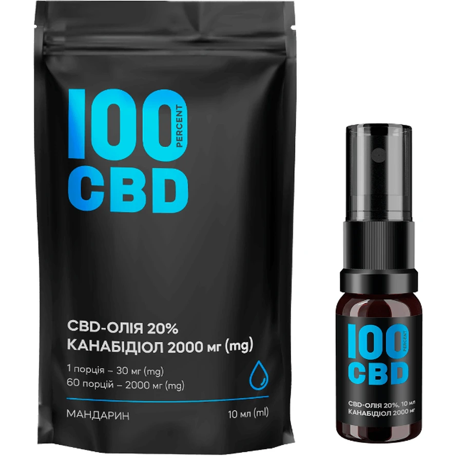 100 CBD-олія 20%, спрей оральний, 60 доз, 10 мл, 2000 мг CBD, у скляному флаконі, мандарин: ціни та характеристики