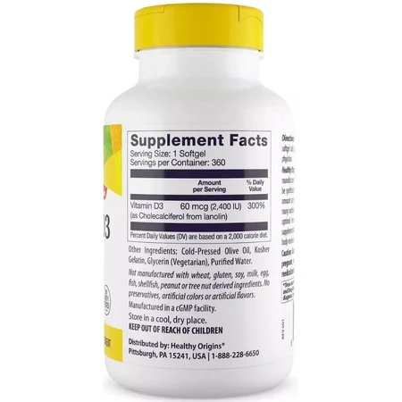 Витамин D3, 2400 МЕ, Vitamin D3, Healthy Origins, 360 желатиновых капсул: цены и характеристики