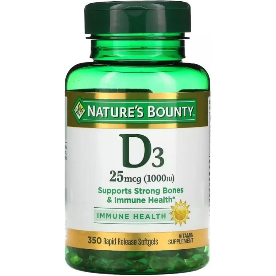 Вітамін D3 швидкого вивільнення, 1000 МО, 25 мкг, Vitamin D, Nature's Bounty, 350 гелевих капсул: ціни та характеристики