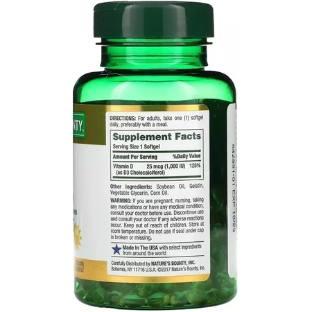 Вітамін D3 швидкого вивільнення, 1000 МО, 25 мкг, Vitamin D, Nature's Bounty, 350 гелевих капсул: ціни та характеристики