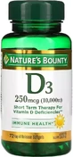 Витамин D3 быстрого высвобождения, 10000 МЕ, 250 мкг, Vitamin D, Nature's Bounty, 72 гелевых капсул