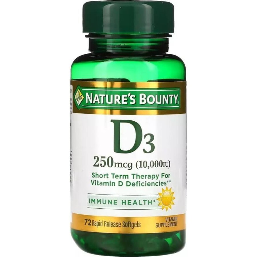 Вітамін D3 швидкого вивільнення, 10000 МО, 250 мкг, Vitamin D, Nature's Bounty, 72 гелевих капсул: ціни та характеристики