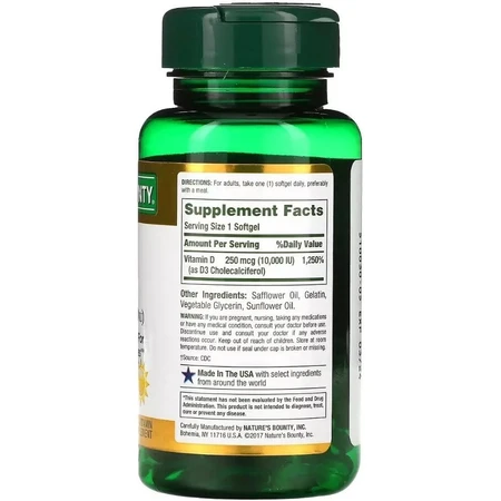 Витамин D3 быстрого высвобождения, 10000 МЕ, 250 мкг, Vitamin D, Nature's Bounty, 72 гелевых капсул: цены и характеристики