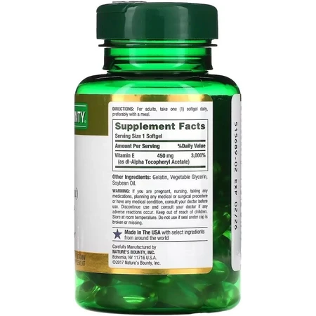 Вітамін E швидкого вивільнення, 1000 МО, 450 мг, Vitamin E, Nature's Bounty, 60 гелевих капсул: ціни та характеристики