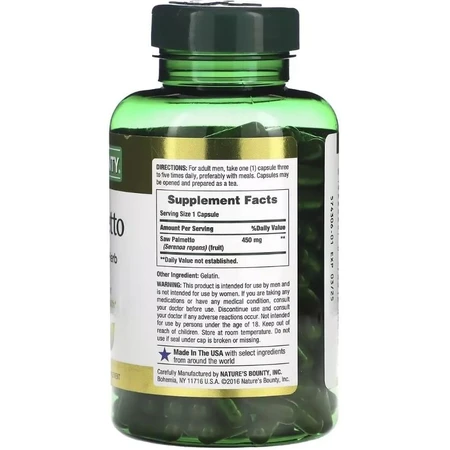Со Пальметто, 450 мг, Saw Palmetto, Nature's Bounty, 250 капсул: цены и характеристики