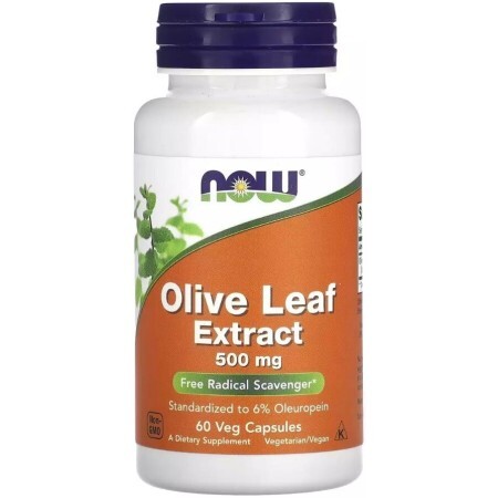 Экстракт листьев оливкового дерева, 500 мкг, Olive Leaf Extract, Now Foods, 60 вегетарианских капсул