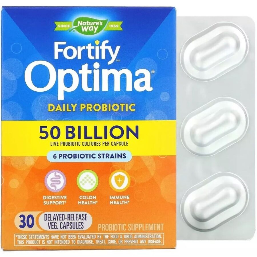 Пробіотик з відстроченим вивільненням 50 млрд КУО, Fortify Optima Daily Probiotic, 50 Billion, Nature's Way, 30 капсул: ціни та характеристики