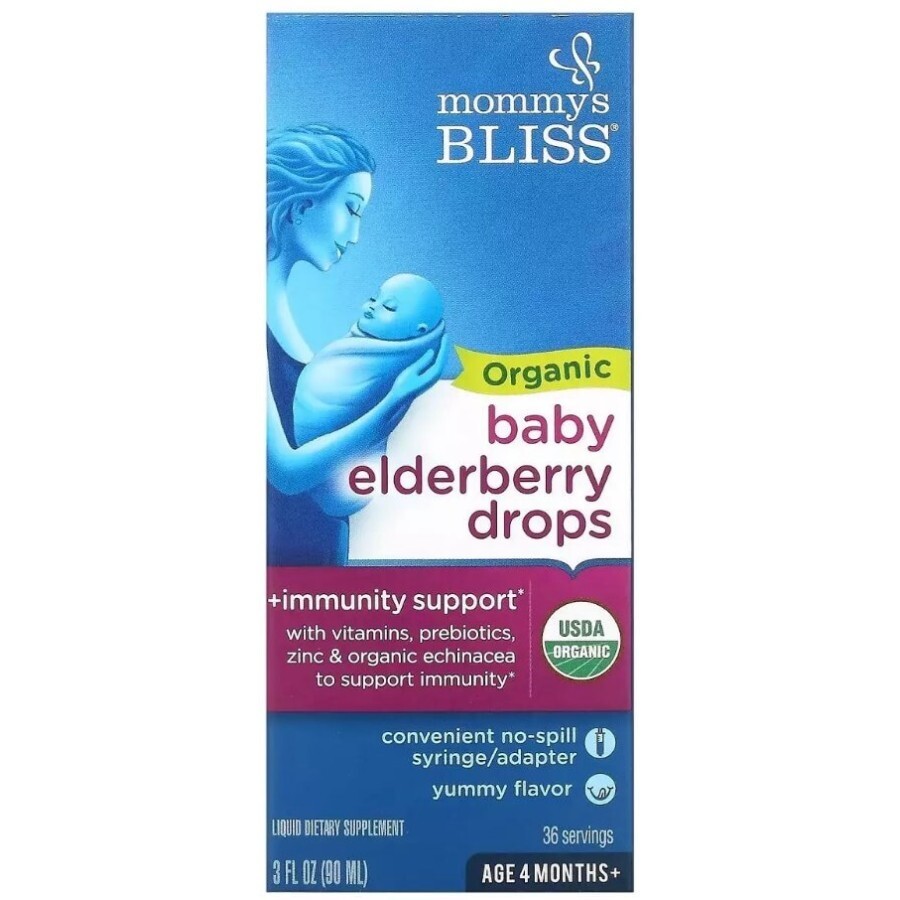 Бузина для немовлят від 4 місяців, Органічні краплі, Organic Baby Elderberry Drops, Mommy's Bliss, 90 мл: ціни та характеристики