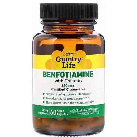 Диетическая добавка Country Life Бенфотиамин с тиамином, 150 мг, 60 веганских капсул.