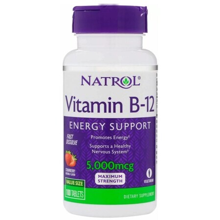 Диетическая добавка Natrol Витамин В12, вкус клубники, 5000 мкг, 100 таблеток