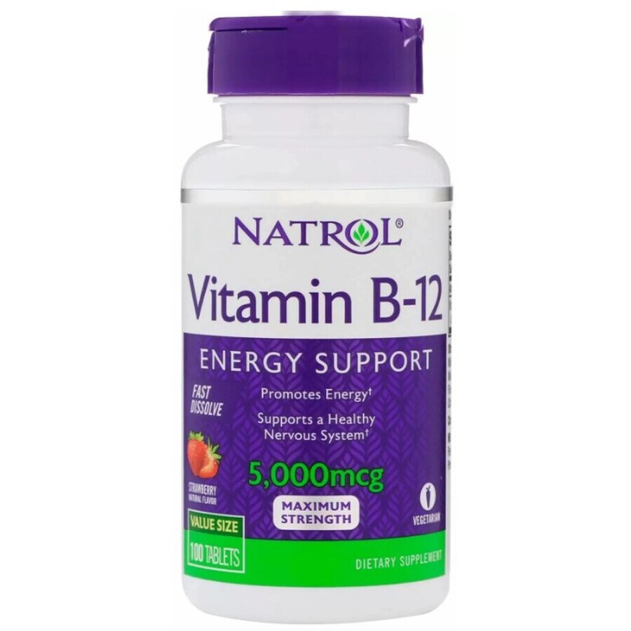 Диетическая добавка Natrol Витамин В12, вкус клубники, 5000 мкг, 100 таблеток: цены и характеристики