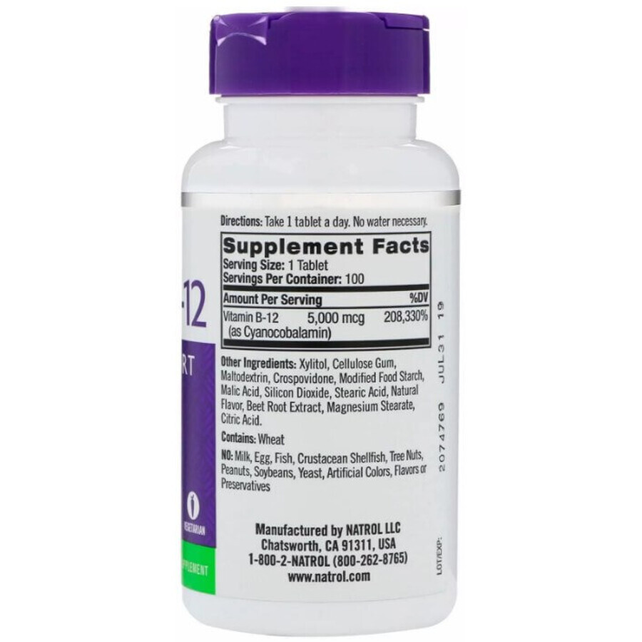 Диетическая добавка Natrol Витамин В12, вкус клубники, 5000 мкг, 100 таблеток: цены и характеристики