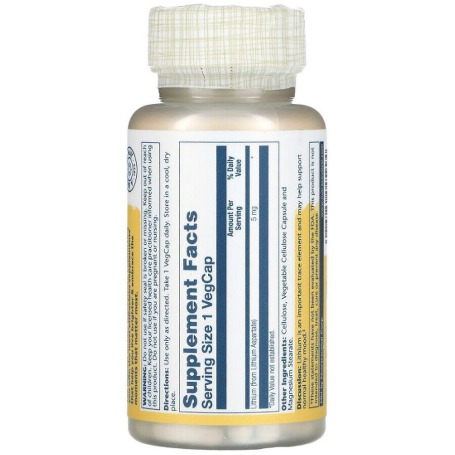 Диетическая добавка Solaray Литий, 5 мг, 100 капсул: цены и характеристики