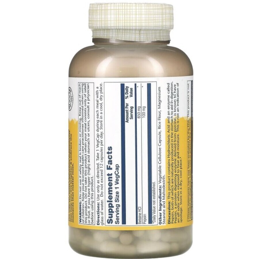 Дієтична добавка Solaray Бетаїн HCl + пепсин, 650 мг, 250 капсул: ціни та характеристики