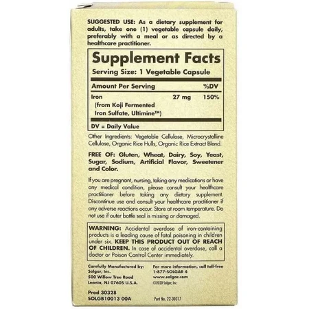 Дієтична добавка Solgar Залізо, 27 мг, 60 вегетаріанських капсул: ціни та характеристики