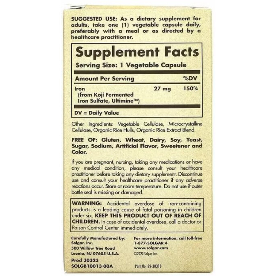Дієтична добавка Solgar Залізо, 27 мг, 30 вегетаріанських капсул: ціни та характеристики