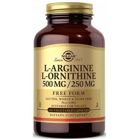 Диетическая добавка Solgar L-аргинин и L-орнитин, 500 мг/250 мг, 100 вегетарианских капсул