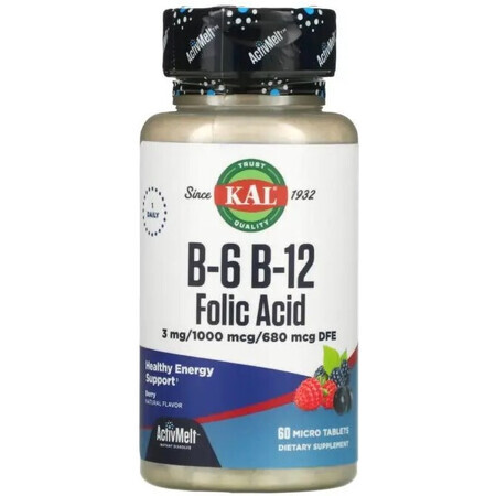 Дієтична добавка KAL Вітамін B12 + B6 фолієва кислота, смак ягід, 60 таблеток