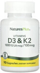 Дієтична добавка Natures Plus Вітамін Д3 і К2, 1000 МО/100 мкг, 90 капсул