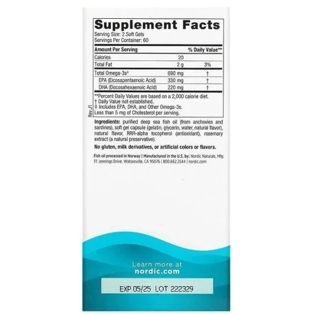 Дієтична добавка Nordic Naturals Очищений риб'ячий жир, смак лимона, 690 мг, 180 гелевих капсул: ціни та характеристики