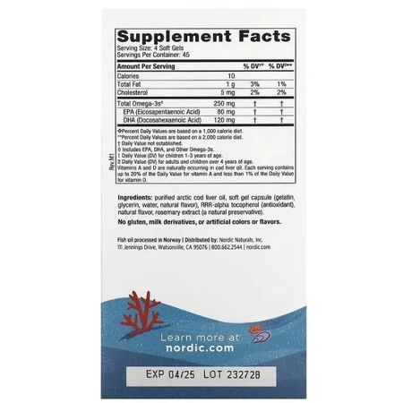 Диетическая добавка Nordic Naturals Рыбий жир для детей, 250 мг, 180 гелевых капсул: цены и характеристики