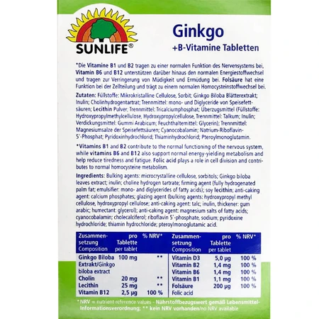 Вітаміни SUNLIFE Ginkgo + B-Vitamine Гінкго з вітамінами В таблетки №32: ціни та характеристики