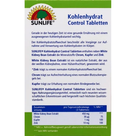 Вітаміни Sunlife Kohlenhydrat Control Tabletten Контроль рівня вуглеводів (блокатор вуглеводів) табл. №32: ціни та характеристики