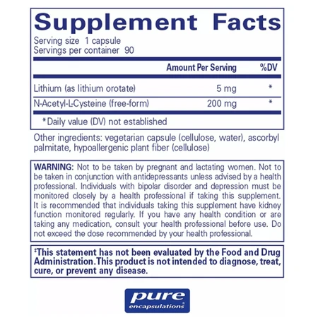Дієтична добавка Pure Encapsulations Літій (оротат), 5 мг, 90 капсул: ціни та характеристики