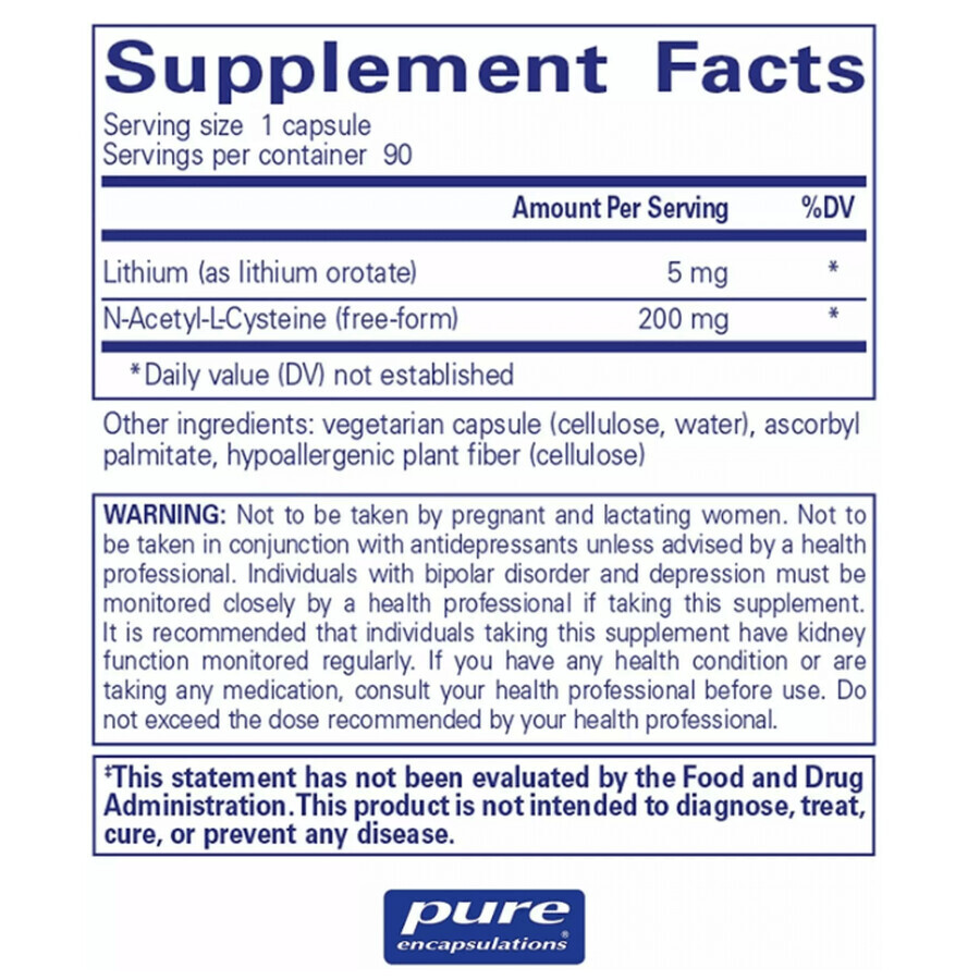 Диетическая добавка Pure Encapsulations Литий (оротат), 5 мг, 90 капсул: цены и характеристики