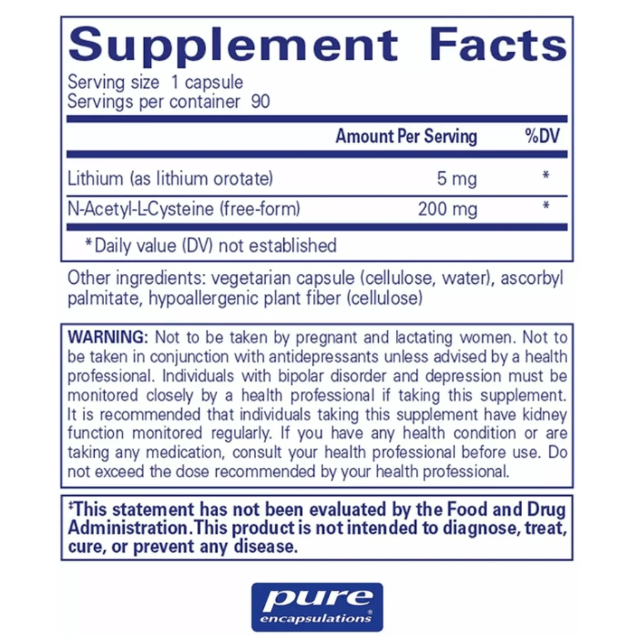 Дієтична добавка Pure Encapsulations Літій (оротат), 5 мг, 90 капсул: ціни та характеристики