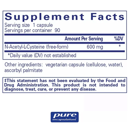 Диетическая добавка Pure Encapsulations NAC (N-ацетилцистеин) 600 мг, 90 капсул: цены и характеристики
