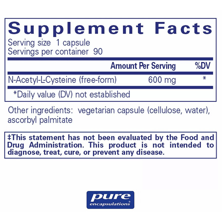 Диетическая добавка Pure Encapsulations NAC (N-ацетилцистеин) 600 мг, 90 капсул: цены и характеристики