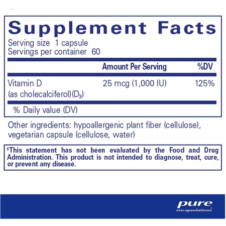 Дієтична добавка Pure Encapsulations Вітамін D3, 1000 МО, 60 капсул: ціни та характеристики
