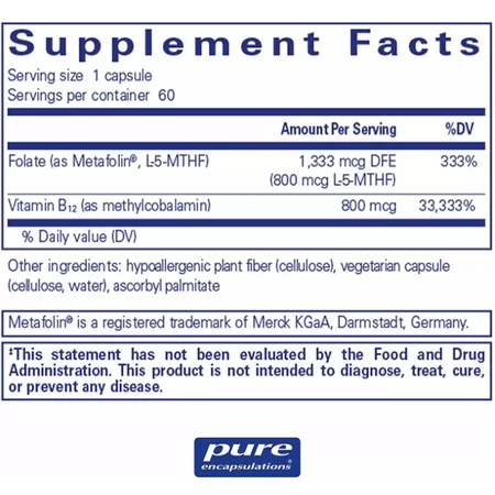 Диетическая добавка Pure Encapsulations Витамин B12 и Фолат, метилкобаламин, 60 капсул: цены и характеристики