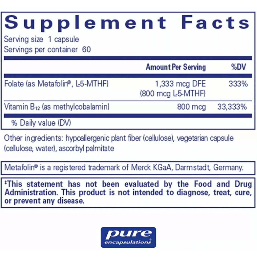 Дієтична добавка Pure Encapsulations Вітамін B12 і Фолат, метилкобаламін, 60 капсул: ціни та характеристики
