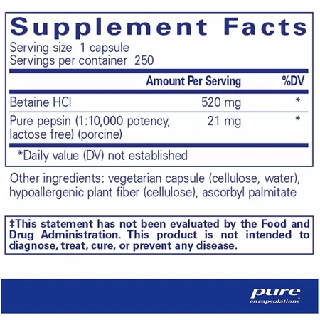 Диетическая добавка Pure Encapsulations Бетаина гидрохлорид+пепсин, 250 капсул: цены и характеристики
