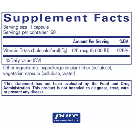 Дієтична добавка Pure Encapsulations Вітамін D3, 5000 МО, 60 капсул: ціни та характеристики