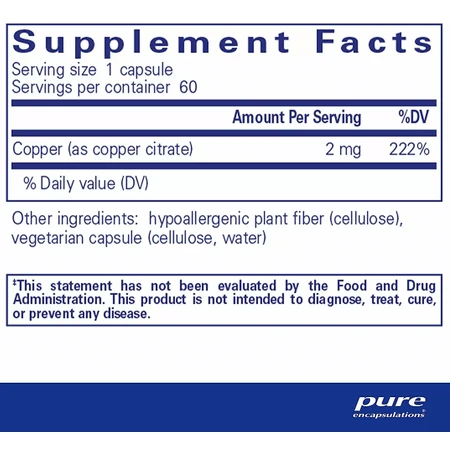 Диетическая добавка Pure Encapsulations Медь (цитрат), 60 капсул: цены и характеристики