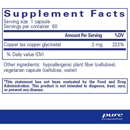 Диетическая добавка Pure Encapsulations Медь (глицинат), 60 капсул: цены и характеристики