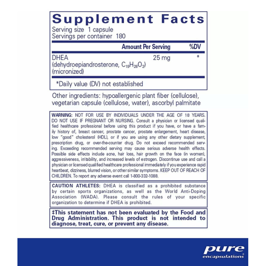 Диетическая добавка Pure Encapsulations ДГЭА, 25 мг, 180 капсул: цены и характеристики