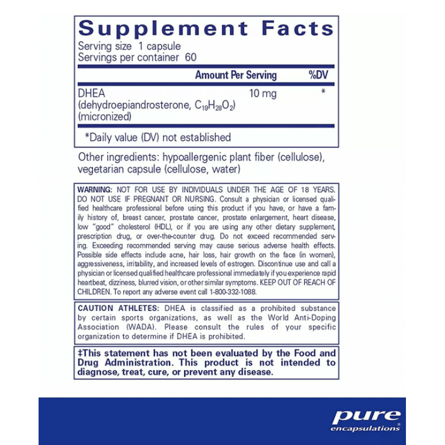 Дієтична добавка Pure Encapsulations Дегідроепіандростерон, 10 мг,  60 капсул: ціни та характеристики