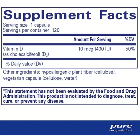 Дієтична добавка Pure Encapsulations Вітамін D3, 400 МО, 120 капсул: ціни та характеристики